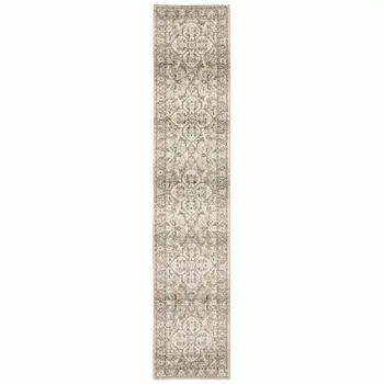 3' X 12' Beige And Ivory Medallion Runner Rug