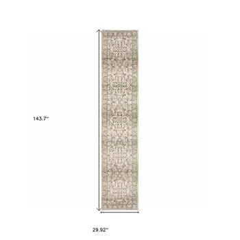 3' X 12' Beige And Ivory Medallion Runner Rug