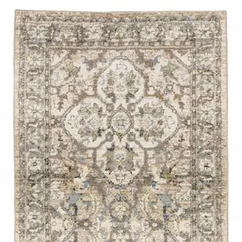 3' X 12' Beige And Ivory Medallion Runner Rug