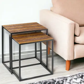 Set of Two Brown and Black Metal And Faux Snake Leather Nesting End Tables