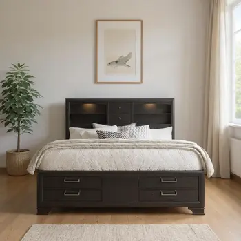 Solid Wood King Gray Eight Drawers Bed