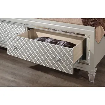 Champagne Tone Queen Bed With Padded Headboard  Led Lightning  2 Drawer