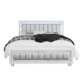 White Solid Wood And Faux Leather Lighted King Bed Frame With No