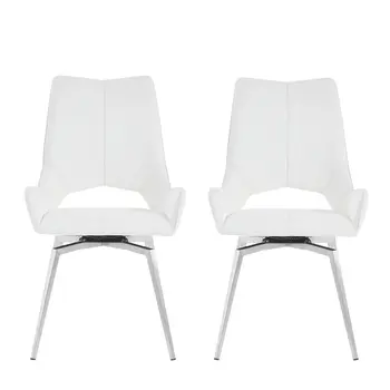 Set of Two Tufted White And Silver Upholstered Faux Leather Dining Arm Chairs