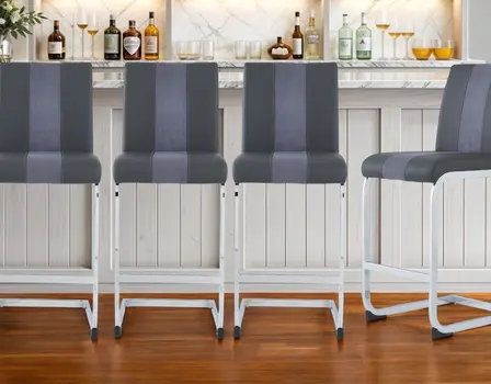 Set of Four 26" Gray and Silver Metal and Faux Leather Counter Height Bar Chairs