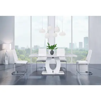 Set of Two White and Silver Upholstered Dining Side Chairs