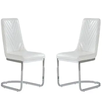 Set of Two White and Silver Upholstered Dining Side Chairs