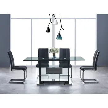 Set of Four Black and Silver Upholstered Faux Leather Dining Side Chairs