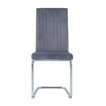 Set of Four Light Gray and Silver Upholstered Faux Leather And Velvet Dining Side Chairs