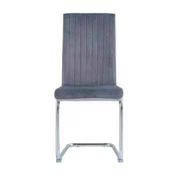 Set of Four Light Gray and Silver Upholstered Faux Leather And Velvet Dining Side Chairs