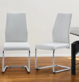 Set of Four White and Silver Upholstered Faux Leather Dining Side Chairs