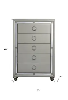 33" Silver Solid Wood Mirrored Five Drawer