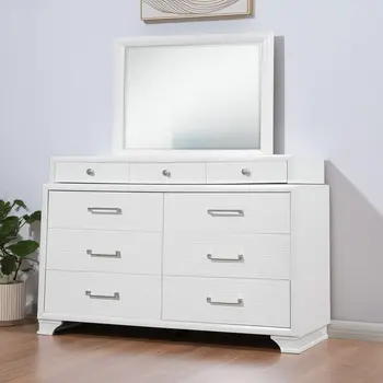 59" White Solid Wood Mirrored Nine Drawer