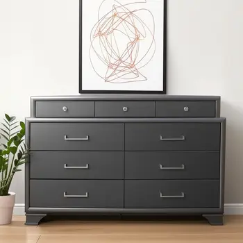59" Gray Solid Wood Nine Drawer Double Dresser