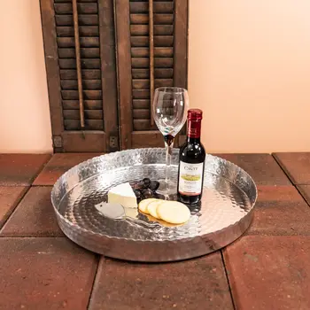 16" Silver Handcrafted Hammered Stainless Steel Round Tray