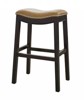 31" Tan and Espresso Faux Leather and Solid Wood Backless Counter Height Bar Chair