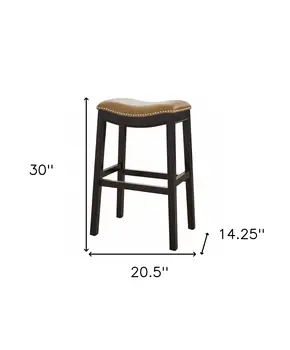 31" Tan and Espresso Faux Leather and Solid Wood Backless Counter Height Bar Chair