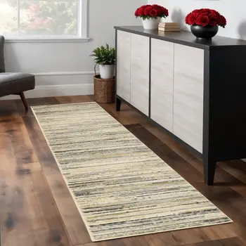 8' Ivory Sage Abtract Lines Indoor Runner Rug