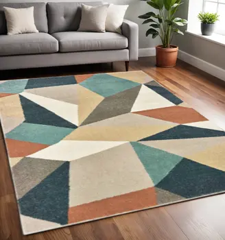 5' X 7' Blue Green And Beige Abstract Geometric Area Rug