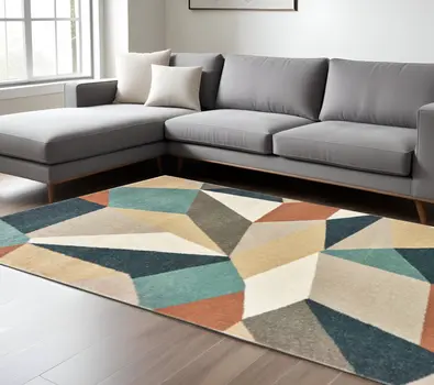 7' X 10' Blue Green And Beige Abstract Geometric Area Rug