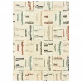 7' X 10' Ivory Blue And Red Geometric Area Rug