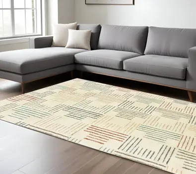 10' X 13' Ivory Blue And Red Geometric Area Rug