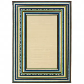 2' X 3' Ivory And Blue Striped Indoor Outdoor Area Rug