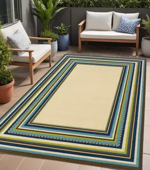 4' X 6' Ivory And Blue Striped Indoor Outdoor Area Rug