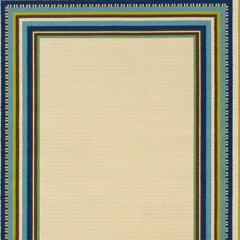 7' X 10' Ivory And Blue Striped Indoor Outdoor Area Rug