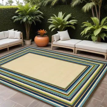 7' X 10' Ivory And Blue Striped Indoor Outdoor Area Rug