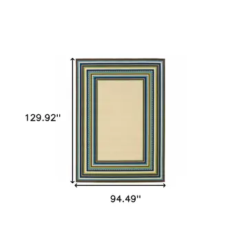 8' X 11' Ivory And Blue Striped Indoor Outdoor Area Rug