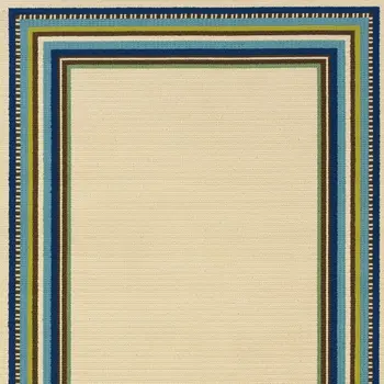 8' X 11' Ivory And Blue Striped Indoor Outdoor Area Rug