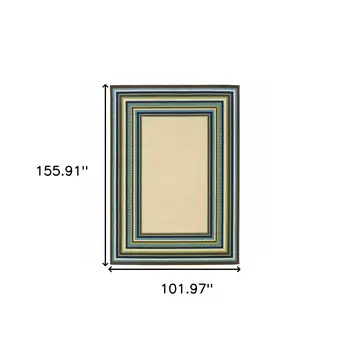 8' X 13' Ivory And Blue Striped Indoor Outdoor Area Rug