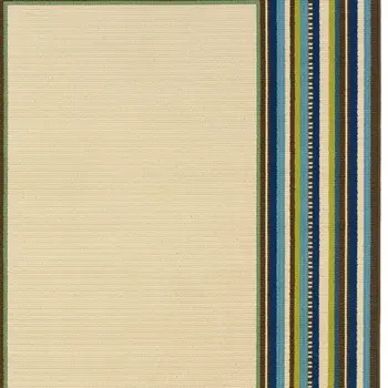 8' X 13' Ivory And Blue Striped Indoor Outdoor Area Rug