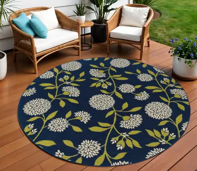8' Blue And Green Round Floral Indoor Outdoor Area Rug