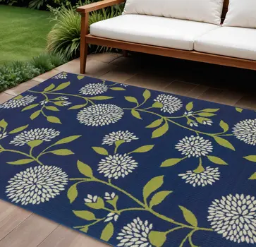 8' X 13' Blue And Green Floral Indoor Outdoor Area Rug
