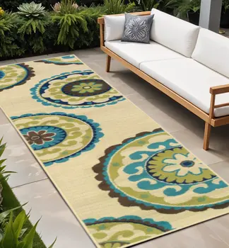 8' Green And Ivory Floral Indoor Outdoor Area Rug