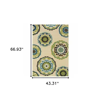4' X 6' Green And Ivory Floral Indoor Outdoor Area Rug