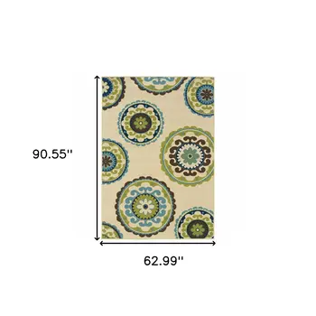 5' X 8' Green and Ivory Floral Indoor Outdoor Area Rug