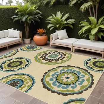 7' X 10' Ivory Indigo And Lime Green Floral Medallion Indoor Outdoor Area Rug