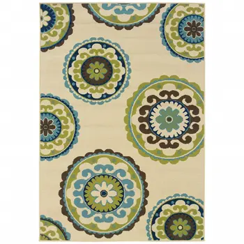 8' X 11' Ivory Indigo And Lime Green Floral Medallion Indoor Outdoor Area Rug