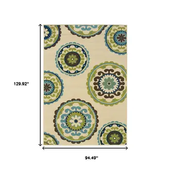 8' X 11' Ivory Indigo And Lime Green Floral Medallion Indoor Outdoor Area Rug