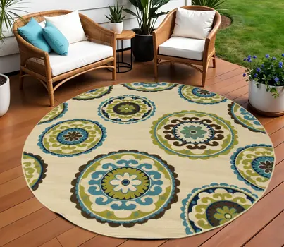 8' X 8' Green And Ivory Round Floral Indoor Outdoor Area Rug