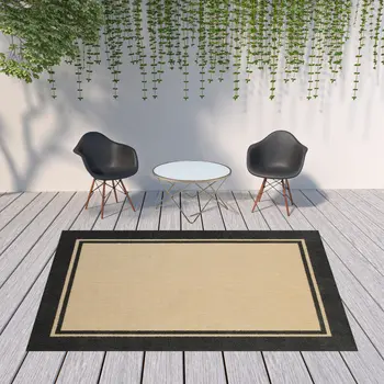 8' X 11' Beige And Black Indoor Outdoor Area Rug