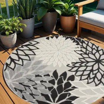 5' Black And White Round Indoor Outdoor Area Rug
