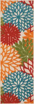 6' Runner Ivory Blue and Orange Floral Indoor Outdoor Area Rug