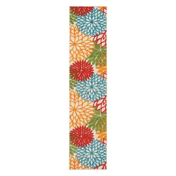 12' Green And Ivory Floral Indoor Outdoor Runner Rug