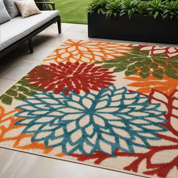 5' X 8' Green And Ivory Floral Indoor Outdoor Area Rug