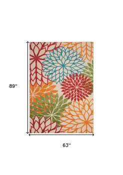 5' X 8' Green And Ivory Floral Indoor Outdoor Area Rug