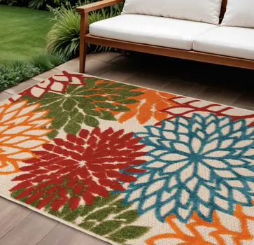6' X 9' Green And Ivory Floral Indoor Outdoor Area Rug